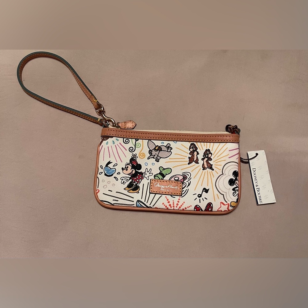 Dooney & Bourke Disney Themed Cream Wristlet / Tan Leather trim and strap
